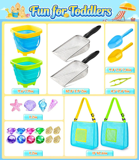 Ultimate 24 Piece Beach Toys Set For Kids Ages 3 To 10 With Metal Sand Sifter, colorful shovels, collapsible buckets, mesh bags