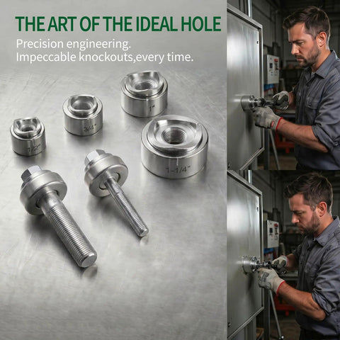 Heavy Duty Ratchet Knockout Punch Kit Includes Four Precision Dies For 1/2 To 1 1/4 Inch Electrical Conduit And Panel Hole Cutting with various die sizes shown.