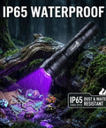 Ultra Bright UV Blacklight Flashlight with 395 405 Nm LED illuminating rocks and scorpions, shown as water-resistant in nature.