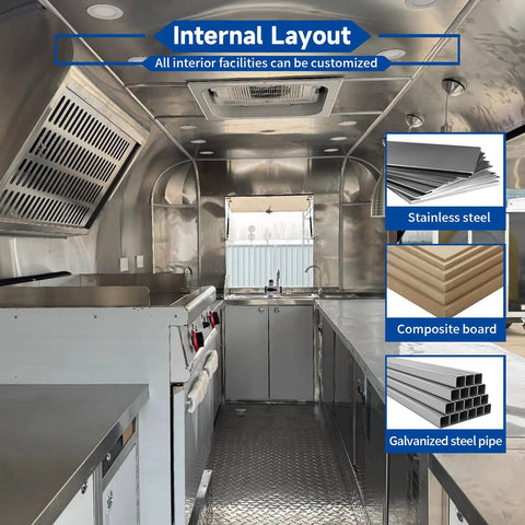Internal layout of Direct From Yard Aluminum Commercial Food Truck With Dot Certified Mobile Catering Trailer, featuring stainless steel surfaces and cooking equipment.