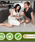 Family with dog on ceramic floor protected by Tile And Grout Sealer With Clear Protective Finish For Shower Floors And Ceramic Porcelain And Natural Stone, High Gloss Wet Look Finish, Bonds To Glazed And Unglazed Tile, Easy Wipe Down Grout Protection, 1 Quart.