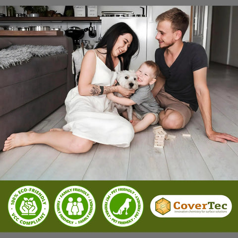 Family with dog on ceramic floor protected by Tile And Grout Sealer With Clear Protective Finish For Shower Floors And Ceramic Porcelain And Natural Stone, High Gloss Wet Look Finish, Bonds To Glazed And Unglazed Tile, Easy Wipe Down Grout Protection, 1 Quart.