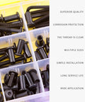 Tough As Nails M6 Hex Drive Socket Cap Bolts And Carbon Steel Black Barrel Nuts Kit With Sturdy Allen Wrench displayed in organizer.