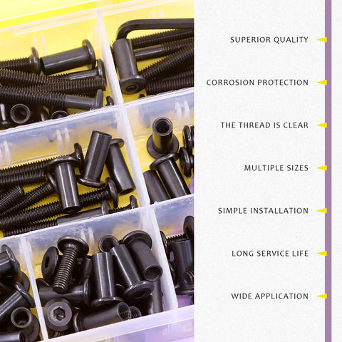 Tough As Nails M6 Hex Drive Socket Cap Bolts And Carbon Steel Black Barrel Nuts Kit With Sturdy Allen Wrench displayed in organizer.