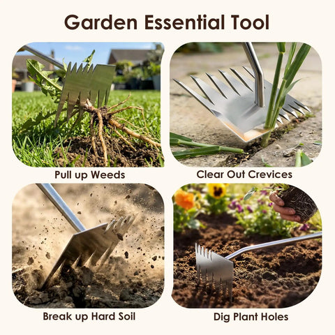 Six Tooth Dual Head Weed Puller Tool Upgraded 2026 for Gardening and Farming shown in use on various tasks.
