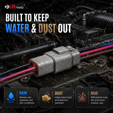 Heavy Duty Premium 10AWG 4 Pin DTP Wire Connector Kit Drop In Ready Harness featuring sealed IP68 connectors in a wet environment.