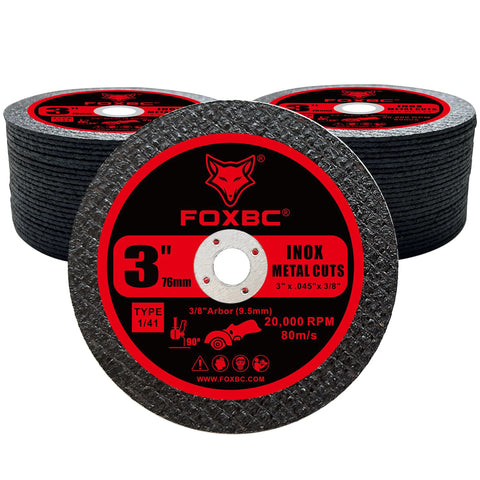 Front view of FOXBC 3-inch metal cut-off discs; stack of three with red/black label, 0.045 in thickness, 3/8 in arbor.