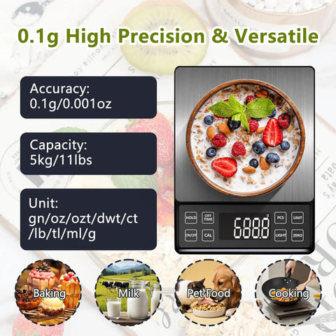 High Precision Kitchen Scale 0.01 oz 0.1 g With 11 lb 5 kg Capacity USB C Rechargeable Backlit LCD Display Stainless Steel Pan