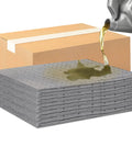 Heavy Duty Oil Absorbent Pads Suck Up Grease And Fuel Like A Champ, stacked with oil being poured, hydrophobic material for cleanup.