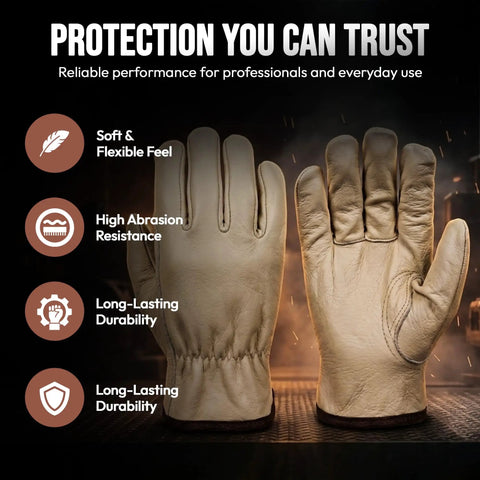 12 Pair Large Leather Work Gloves Tough-As-Nails Heavy Duty For Industrial And Residential Jobs with high durability features.