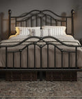 Queen Metal Bed Frame With Classical Headboard And Footboard Matte Black Steel Platform Bed Featuring Ornate Ball Details curved design and cozy bedding.