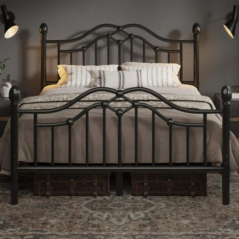 Queen Metal Bed Frame With Classical Headboard And Footboard Matte Black Steel Platform Bed Featuring Ornate Ball Details curved design and cozy bedding.