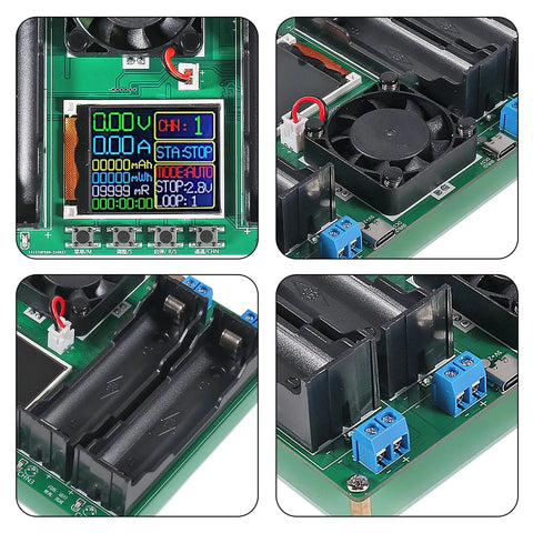 Four Channel 18650 Battery Capacity And Internal Resistance Tester with LCD Display and Type-C Port, showing components and connections.