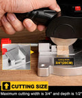 Close-up of Mini Miter Cut Off Chop Saw For Metal And Wood Crafts cutting wood, showing 0 to 45 degree miter and 6000 RPM high speed.