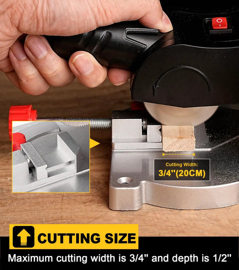 Close-up of Mini Miter Cut Off Chop Saw For Metal And Wood Crafts cutting wood, showing 0 to 45 degree miter and 6000 RPM high speed.