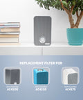 FLT4100 True HEPA Replacement Filter E for AC4100, AC4150P, AC4150BL and more, shown next to a blue pot and books
