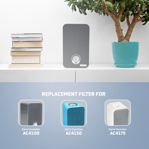 FLT4100 True HEPA Replacement Filter E for AC4100, AC4150P, AC4150BL and more, shown next to a blue pot and books