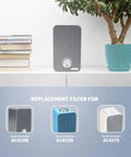 HEPA Pure Genuine Air Purifier Replacement Filter 99.97 Percent Pollutants Removal 2 Pack For AC4100 AC4100CA AC4150BL AC4150PCA Easy To Install Air Purifiers Black displayed with compatible air purifier models in a home setting.