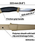 Desert Tan Fixed Blade Outdoor Knife with 4.1 Inch Stainless Steel Blade for Camping Hiking Bushcraft and Survival on white background