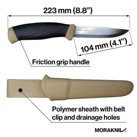 Desert Tan Fixed Blade Outdoor Knife with 4.1 Inch Stainless Steel Blade for Camping Hiking Bushcraft and Survival on white background