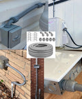 Pro Grade 50 Ft Non-Metallic Liquid Tight Conduit Kit for 1 Inch NPT with fittings and clamps, installed outdoors on various surfaces.