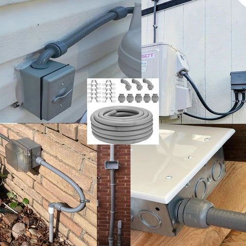 Pro Grade 50 Ft Non-Metallic Liquid Tight Conduit Kit for 1 Inch NPT with fittings and clamps, installed outdoors on various surfaces.