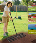 Heavy Duty Lawn Leveling Rake With Dual Sided Serrated Edge And Smooth Plate For Leveling Soil Compost Sand And Grass Durable Steel Garden Tool With Six Point Five Foot Adjustable Handle For Quick Yard Repair No Sweat in use by person on lawn.