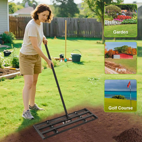 Heavy Duty Lawn Leveling Rake With Dual Sided Serrated Edge And Smooth Plate For Leveling Soil Compost Sand And Grass Durable Steel Garden Tool With Six Point Five Foot Adjustable Handle For Quick Yard Repair No Sweat in use by person on lawn.