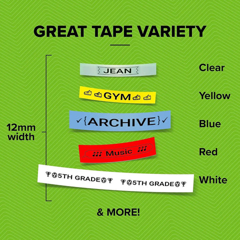 Portable Handheld Labeler With Thermal Printing Tech showing various tape colors and labels for organization.