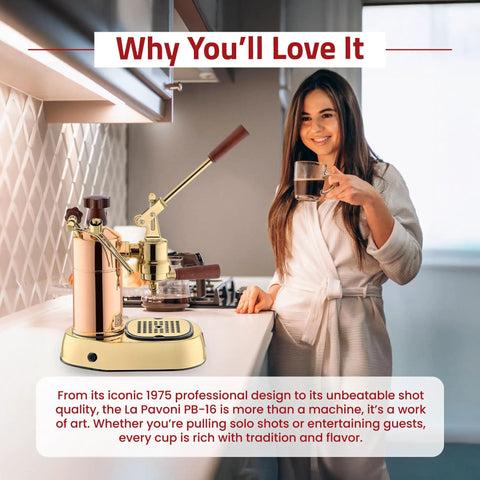 Professional 16 Cup Lever Espresso Machine With Copper And Brass Design, Bottomless Portafilter, 38 Ounce Boiler, Pressure Gauge, Manual Lever Operation, Italian Made Coffee Maker on kitchen counter with user holding cup