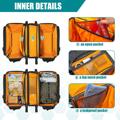 50L Expandable Rear Rack Bike Bag with multiple inner pockets, including open, mesh, and leakproof compartments for organized storage.