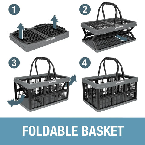 Steps to unfold Collapsible Plastic Grocery Baskets Pack Of 3 With Handles For Easy Haul In Car Trunk Or SUV Stackable Storage