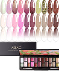 Solid Gel Nail Polish Kit With Ombre Colors 24-Color Hema Free Set showing palette and nail tips in pink, nude, and brown shades