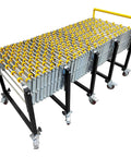 Heavy Duty Portable Conveyor Roller Stand With Adjustable Length And Height Fits Tight Spaces For Moving Big Cartons Super Smooth ABS Skate Wheels on black frame.