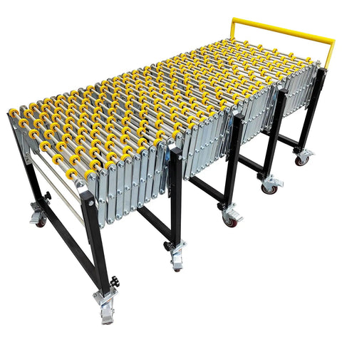 Heavy Duty Portable Conveyor Roller Stand With Adjustable Length And Height Fits Tight Spaces For Moving Big Cartons Super Smooth ABS Skate Wheels on black frame.