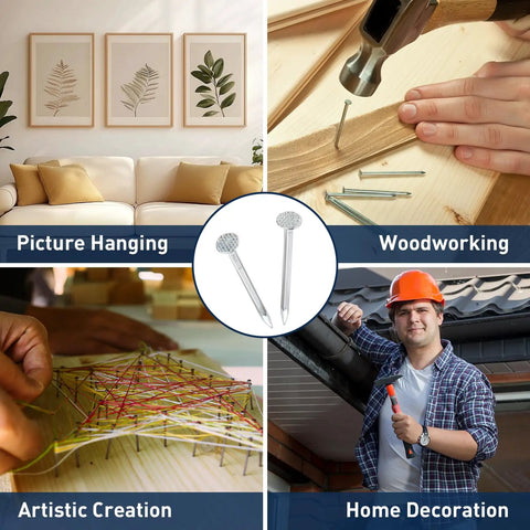 400 Piece Picture Hanging Nails Set With Five Sizes Up To 2 Inches, collage showing use in home decor, woodworking, and craft