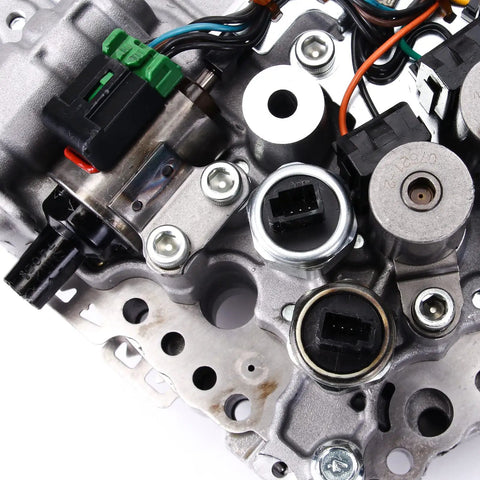 Close-up of Solid Grip CVT Transmission Valve Body Featuring Knockout JF011E RE0F10A Replacement with connectors and valve assembly.
