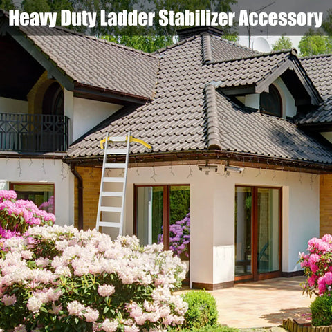 Heavy Duty Steel Ladder Stabilizer for Roof Gutter and Wall Mounts used on a house with flowers in foreground