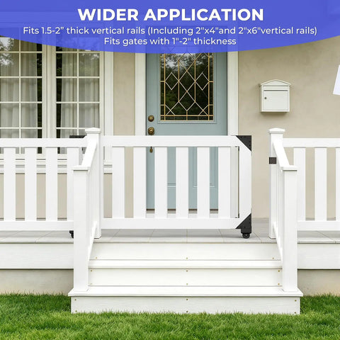 Beefy Sliding Gate Hardware Kit For Wooden Gates With Anti Sag Brackets And Adjustable Roller Guide Heavy Duty Outdoor Gate Set With Latch Pull Handle Magnetic Drill Bit Fits 1 To 2 Inch Thick Gates installed on a white porch gate
