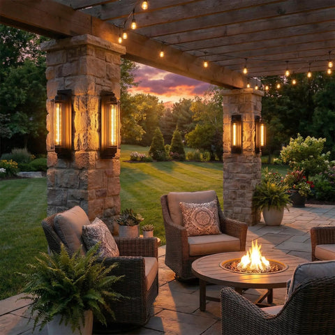 Industrial Outdoor Porch Wall Light Sconce Set Of 2 In Matte Black 18 Inch Vintage Exterior Lighting Fixture on patio pillars at sunset