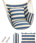 Chill Indoor Outdoor Hammock Chair Swing Set With Cushions And Pillows, 400 Lb Capacity Rope Chair In Soft Thick Cotton, Blue White Stripes