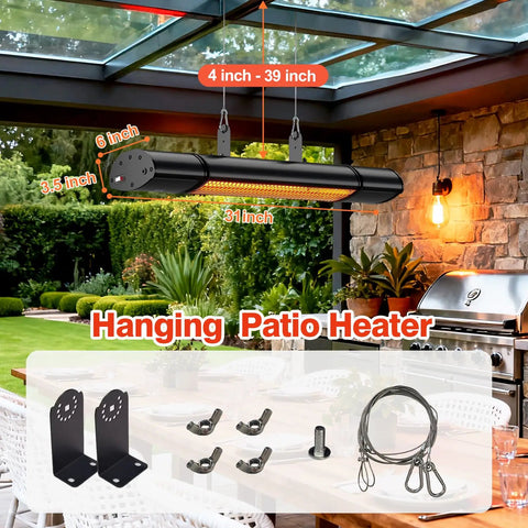 Outdoor Patio Heater With Remote Control And Built In Temperature Control 1500W Hanging Or Ceiling Or Wall Mounted For Indoor And Outdoor Use IP55 Weatherproof Black installed in patio setting