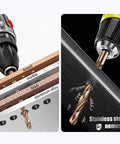 Cobalt Drill Bit Set 1 16th Inch M35 High Speed Steel Beefy Jobber Length 135 Degree Tip For Hard Metals Stainless Steel Cast Iron With Index Storage Case Pack Of 10, showing drill in metal