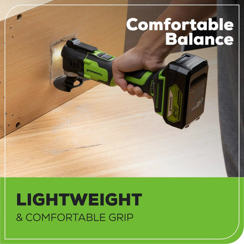 Person using 24V Cordless Oscillating Multi Tool With 6 Speed Settings 18,000 OPM for cutting, featuring comfortable grip and compact head.