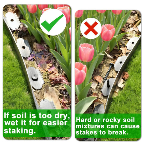 4 Inch Tall Garden Edging Kit With 66 Ft Of Lawn Border And 90 Spikes Durable Plastic Landscape Edging showing correct and incorrect staking techniques in soil with tulips.