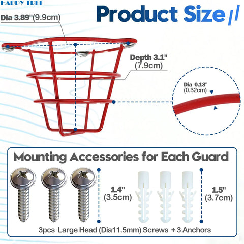 Red Fire Sprinkler Head Guard Cover Cage 10 Pack showing dimensions and mounting accessories with depth and diameter specifications.