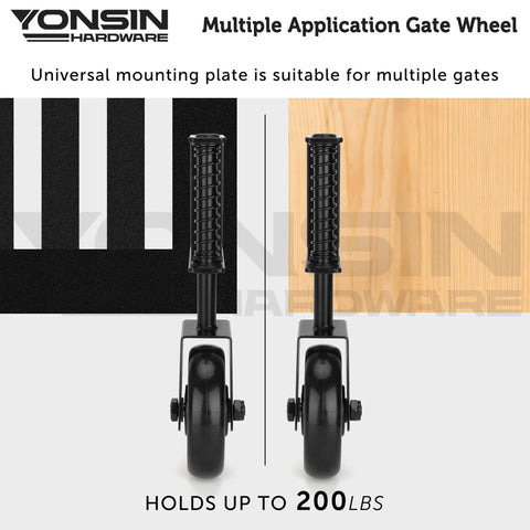 Front view of Heavy Duty Spring Loaded Gate Caster With Bearing And 360 Degree Swivel For Wooden Gates Fences And Metal Tube Gates Anti Sag Drag Gate Wheel Kit 200 Lb Capacity Per Pair Durable Black Construction Includes 2 Pcs.