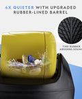 Starter Rock Tumbler Kit For Beginners showing yellow barrel with rocks inside, highlighting rubber lining for noise reduction.