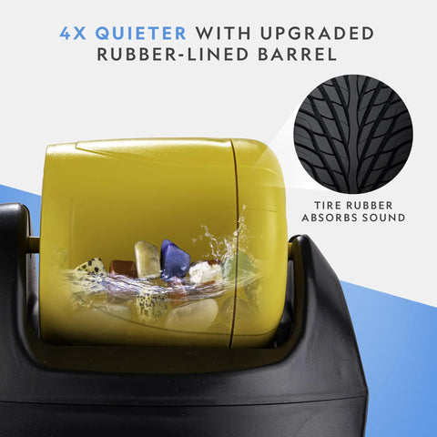 Starter Rock Tumbler Kit For Beginners showing yellow barrel with rocks inside, highlighting rubber lining for noise reduction.