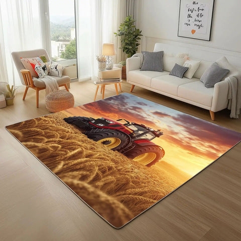 Tractor Farm Gear Area Rug 8x10 Feet Non Slip Low Pile Machine Washable Carpet for living room with sunset wheat field design